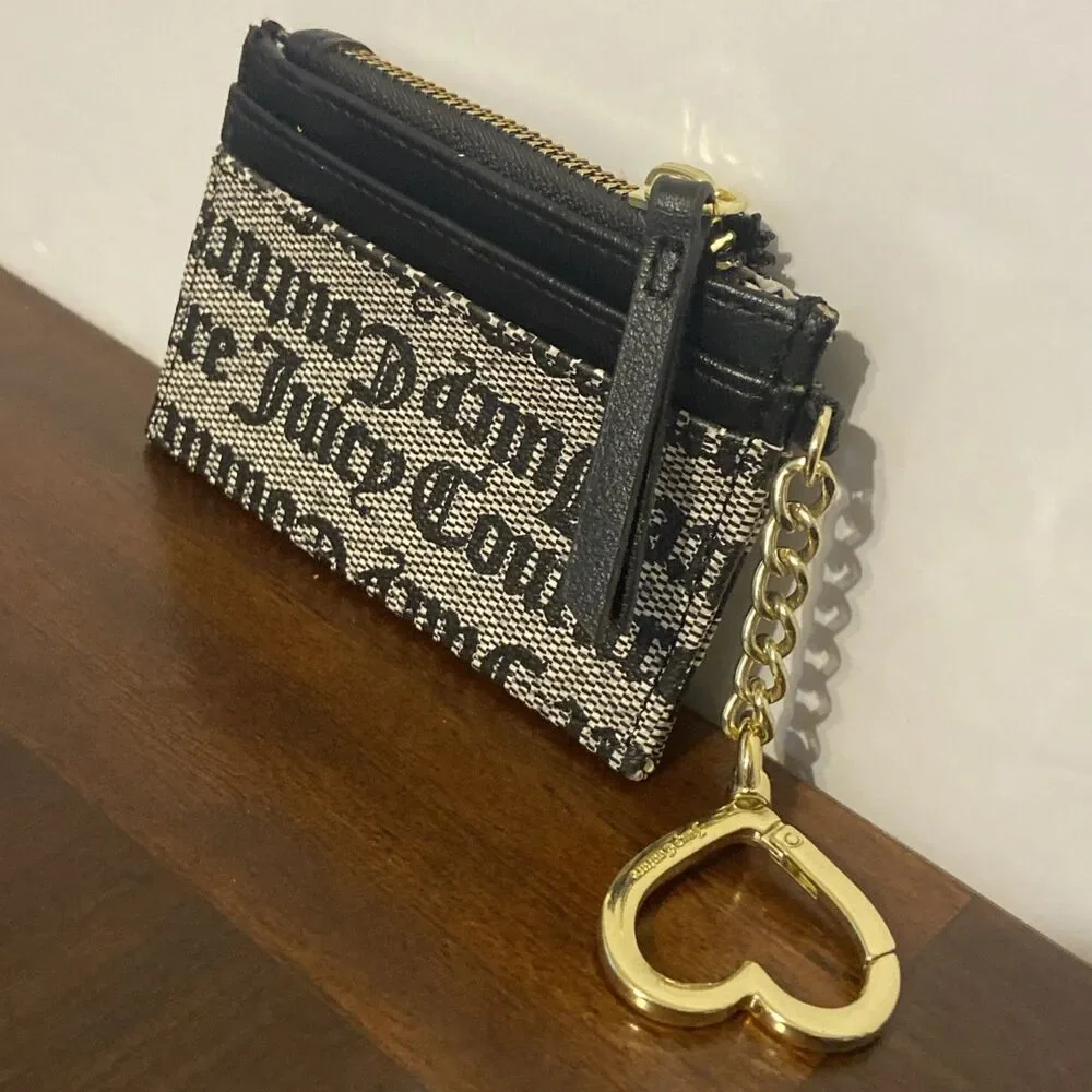 Juicy Couture Logo Heart Keychain Wallet Card Holder Black Gray EUC